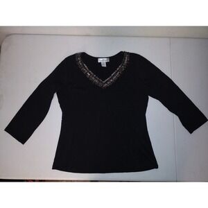 Once Again Black Beaded V-Neck 3/4 Sleeve Blouse Top XL